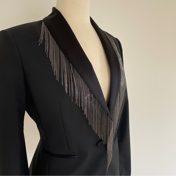 BCBG Maxazria Black Chain Fringe Embellished Lapel Blazer Jacket Tuxedo - Picture 1 of 5